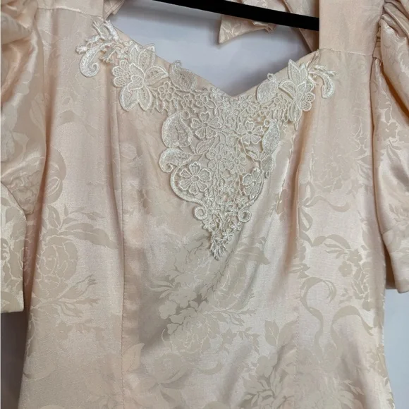 Romantic champagne vintage dress puffy sleeves lace cottagecore tulle - Picture 4 of 16